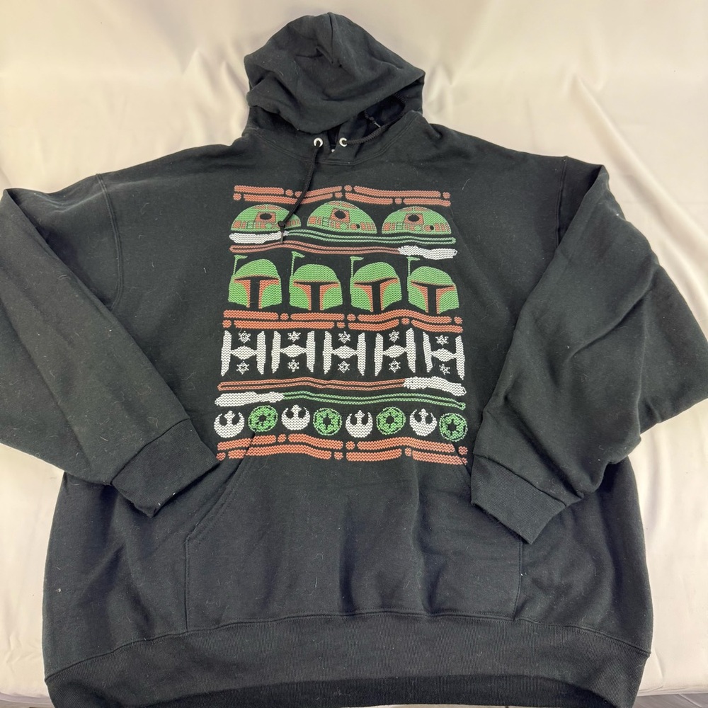 Star Wars Lucas Film Official Boba Fett Fair Isle Black Hooded Sweatshirt 2XL
